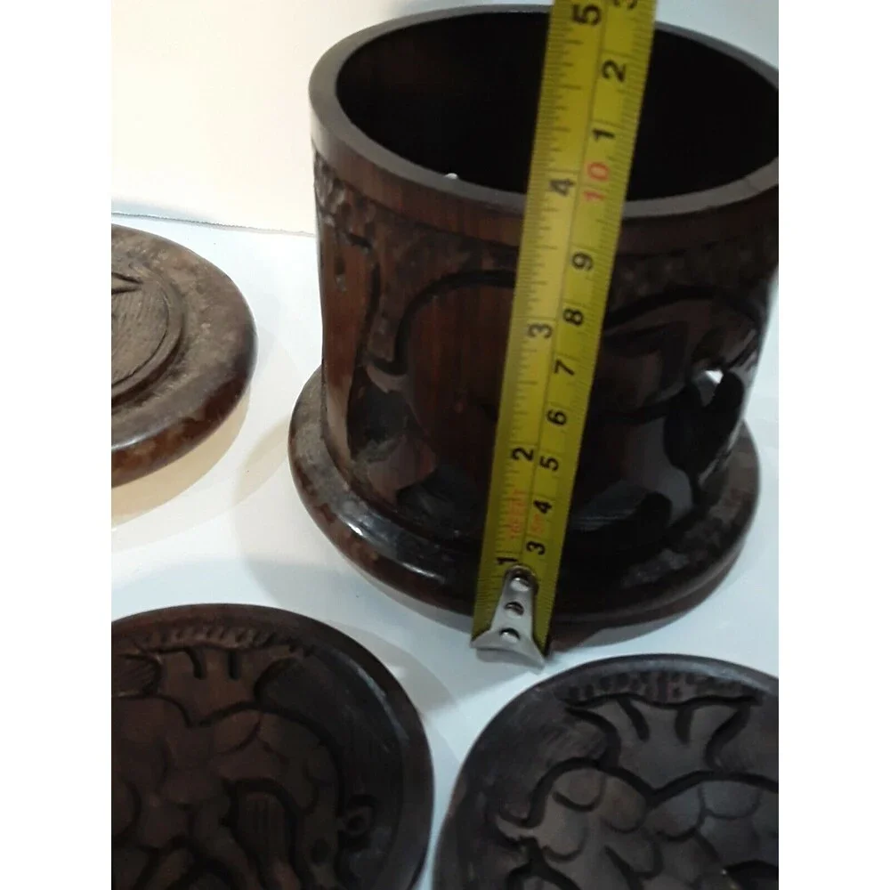 Drink Coaster Set,Wood Carved Set with Holder. African Animal Theme 7 Piece